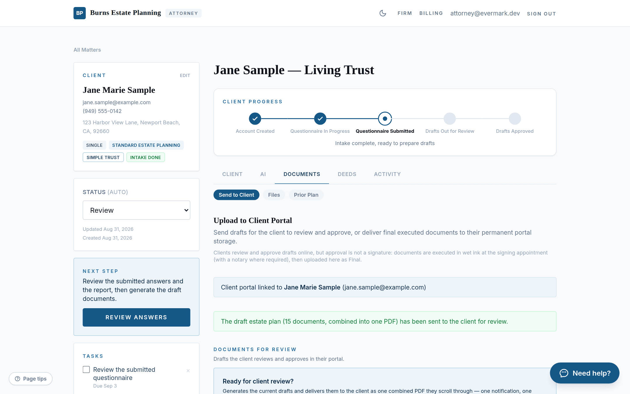 One-click draft delivery: the full estate plan sent to the client as a single PDF